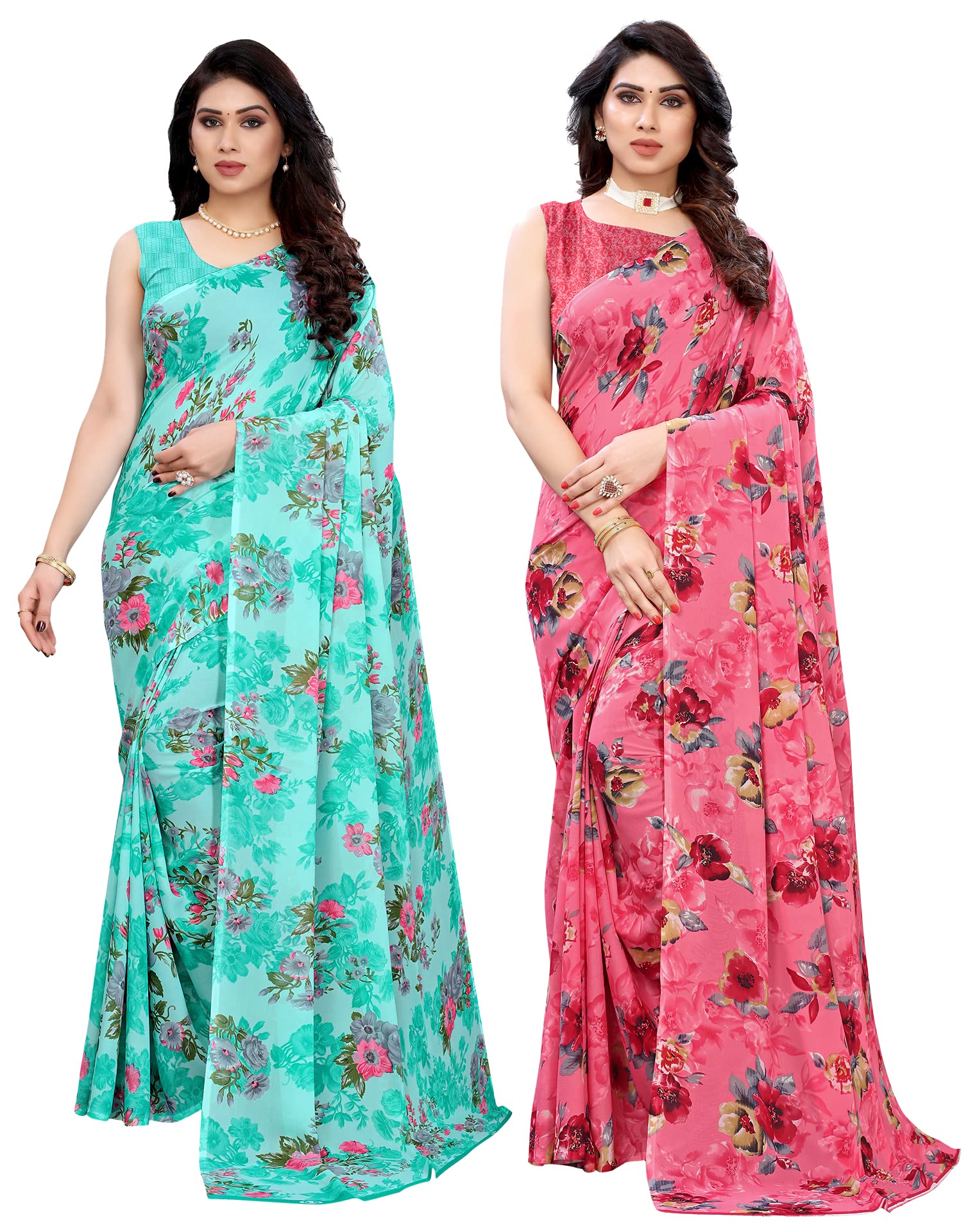 SIRIL Women's Georgette Printed Saree With Unstitched Blouse Piece Combo Pack Of 2