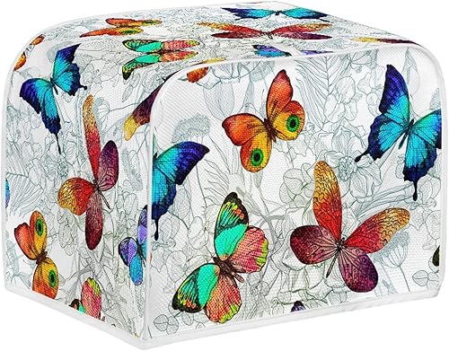 Bulopur Cubierta antipolvo para tostadora, 2 rebanadas, coloridas mariposas y flores, para hacer pan, cubierta para tostadoras, lavable, resistente
