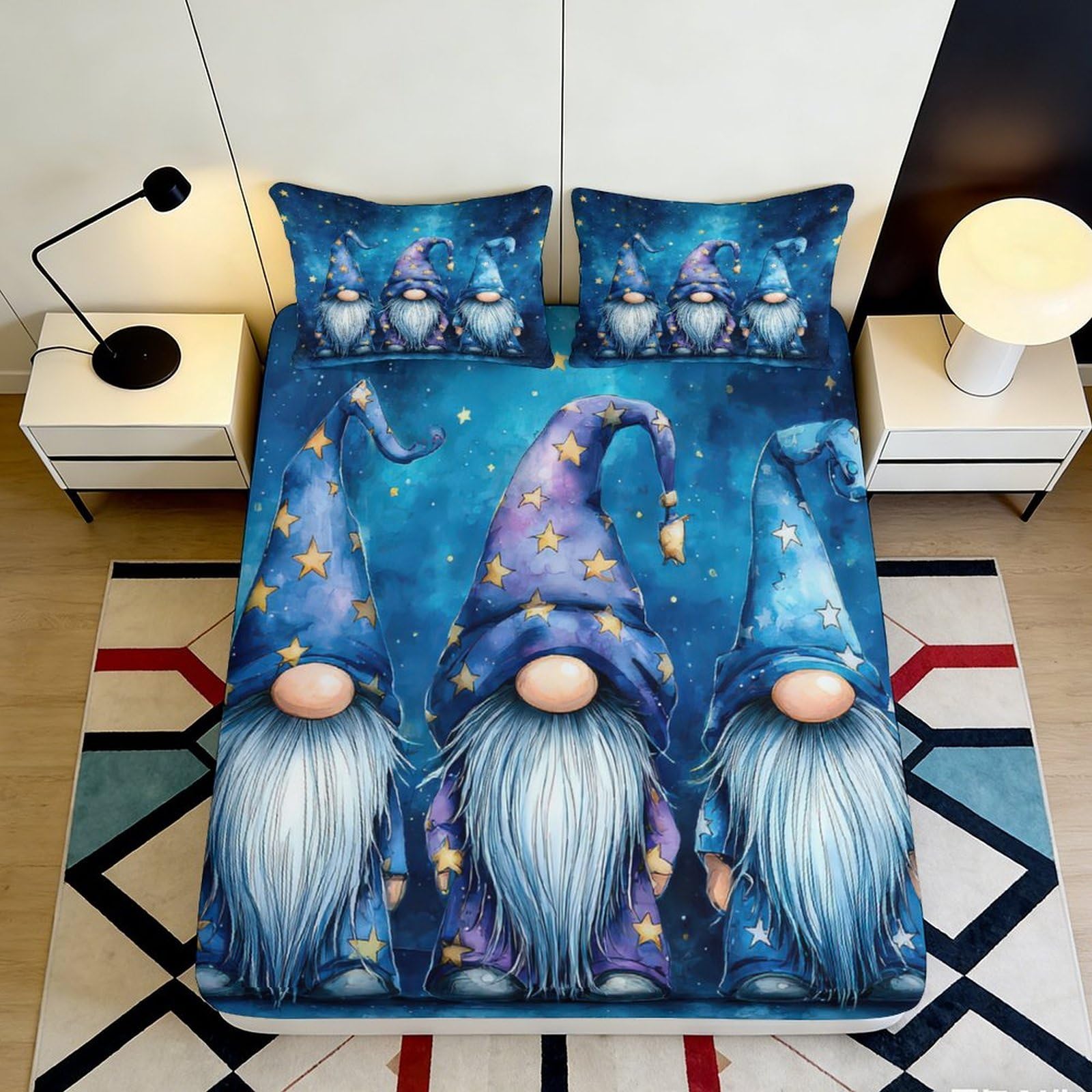 Dhbaneiok Style-7 3D Printed Nordic Gnome Fitted Sheet Microfiber Blue Cartoon Bed Cover For Bedroom Guestroom Mattress Protection Decor 90X200x25cm