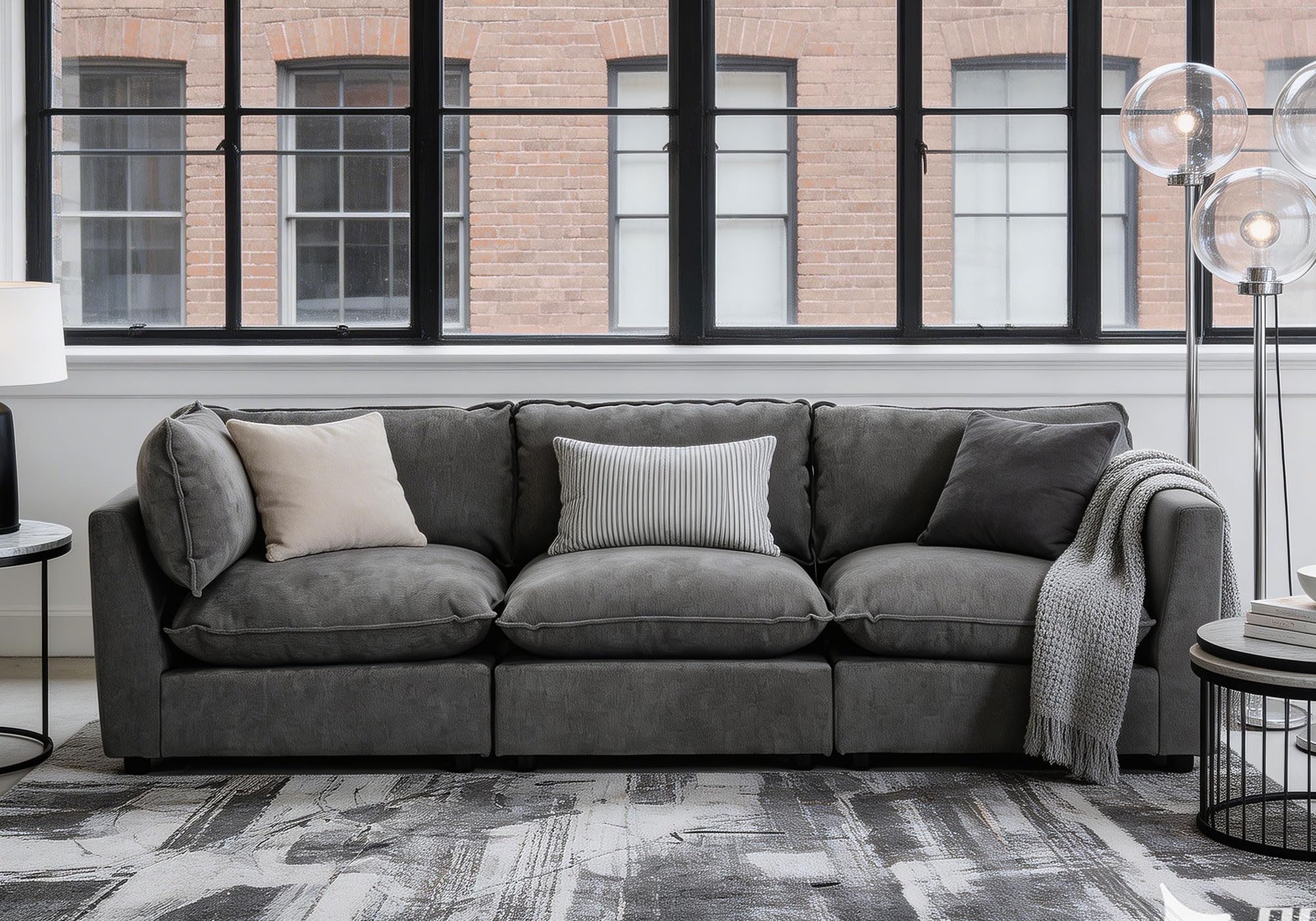 Modular Sectional Sofa, Oversized Chenille Cloud Couch, Deep Comfy Seat, 3-Seater Sofas Couches for Living Room, Dark Grey | Premium Chenille, Without Compress, Oversized, Cloud Comfort, Thick Cushions