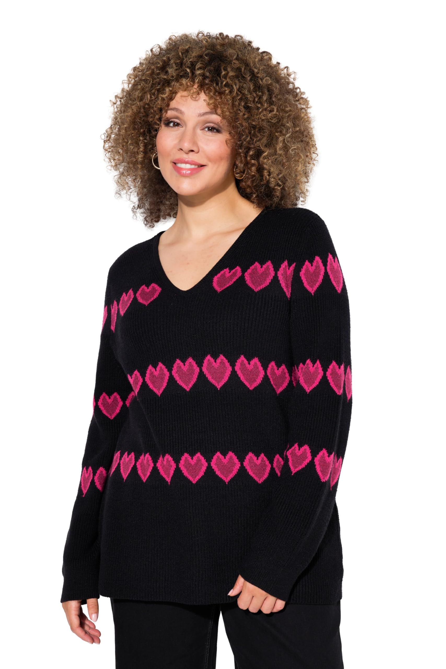 Ulla Popken Damen große Größen Übergrößen Plus Size Pullover, Herzen, V-Ausschnitt, Langarm 835017