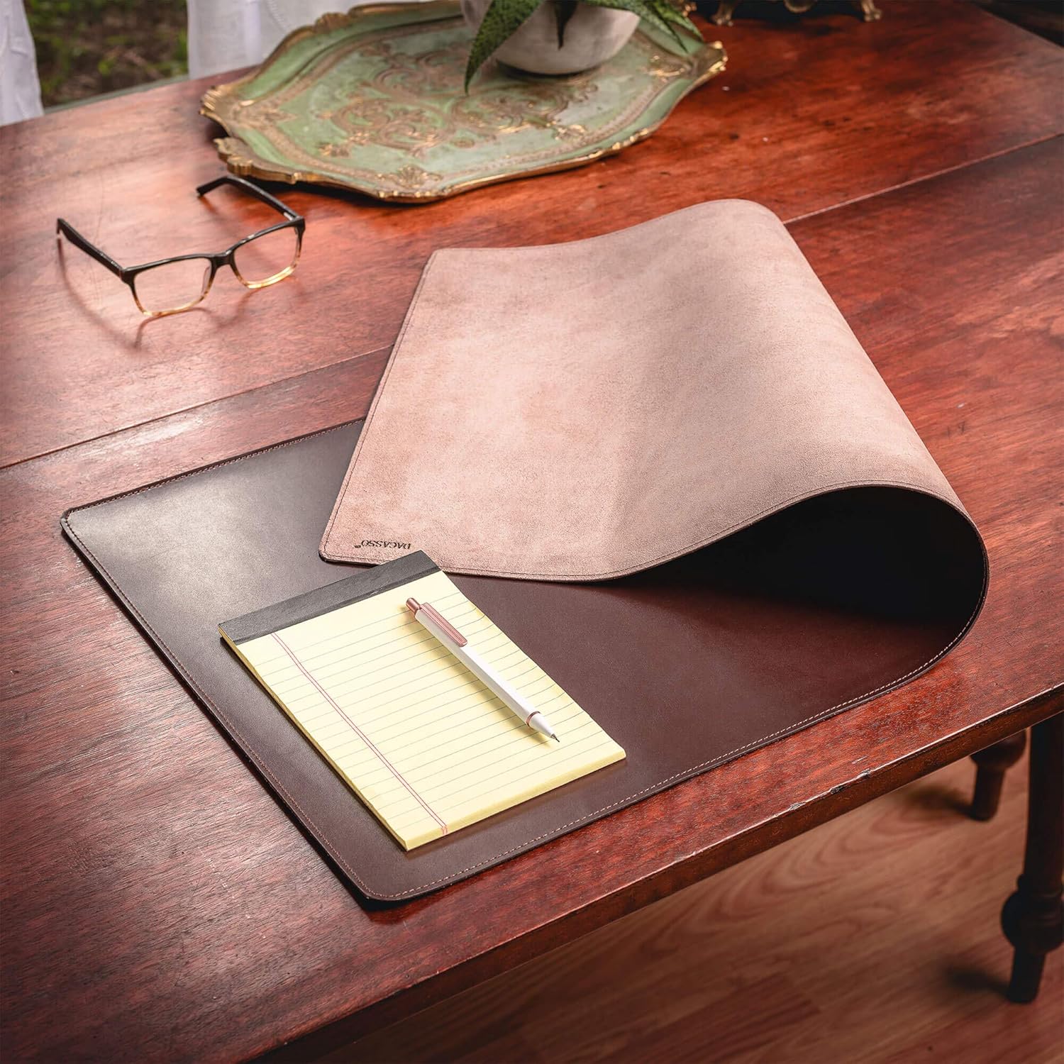 DACASSO Bonded Leather No Core Rollable Desk Mat/Pad - Luxury Leather Desk Blotter for Writing - Executive Desk Surface Protector - (Dark Brown, 32” x 15”)