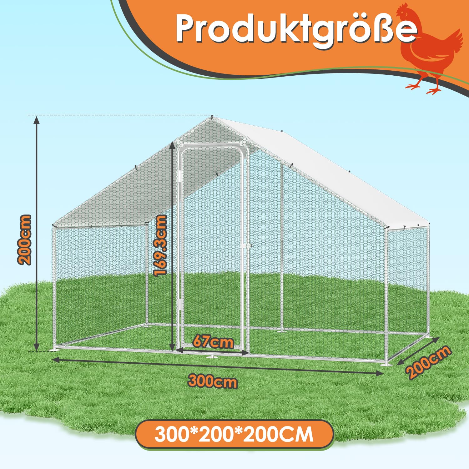 Herrselsam Pollaio Ovaiole per Esterni, 3x2x2m Pollaio per Esterni con Telaio Zincato, Recinto con Copertura in Tessuto Impermeabile, Serratura, per Polli, Anatre e Conigli