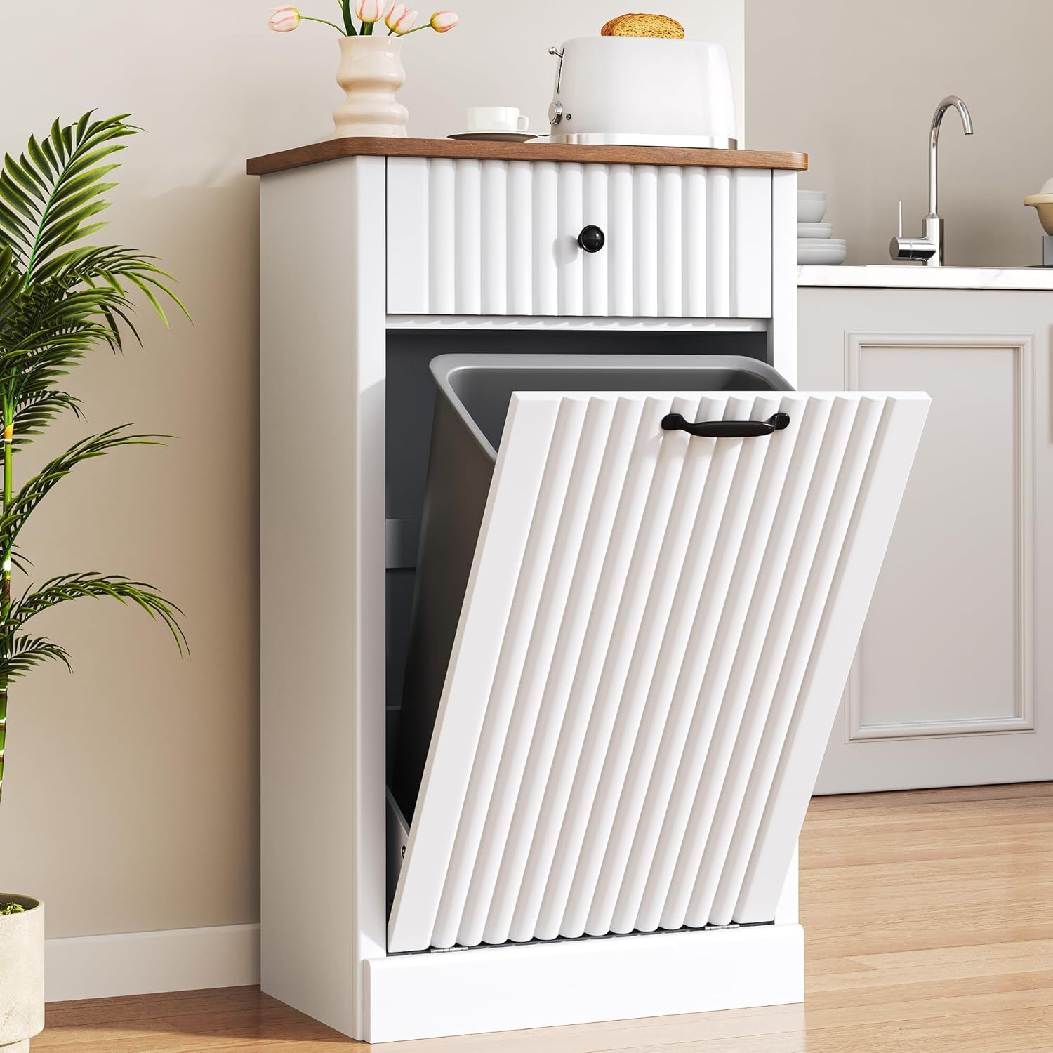 OtterOasis Tilt Out Trash Can Cabinet 10 Gallon, Wooden Kitchen Trash Cabinet with Hideaway Drawer, Garbage Recycling Trash Can Storage for Laundry Living Room (White, 10 Gallon)