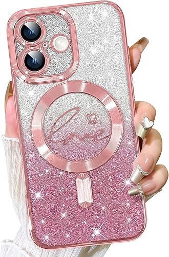 Vista 488 de Fiyart - Funda transparente magnética con purpurina para iPhone 12 para mujeres, con grabado "Love" metálico, protección para cámara y antigolpes