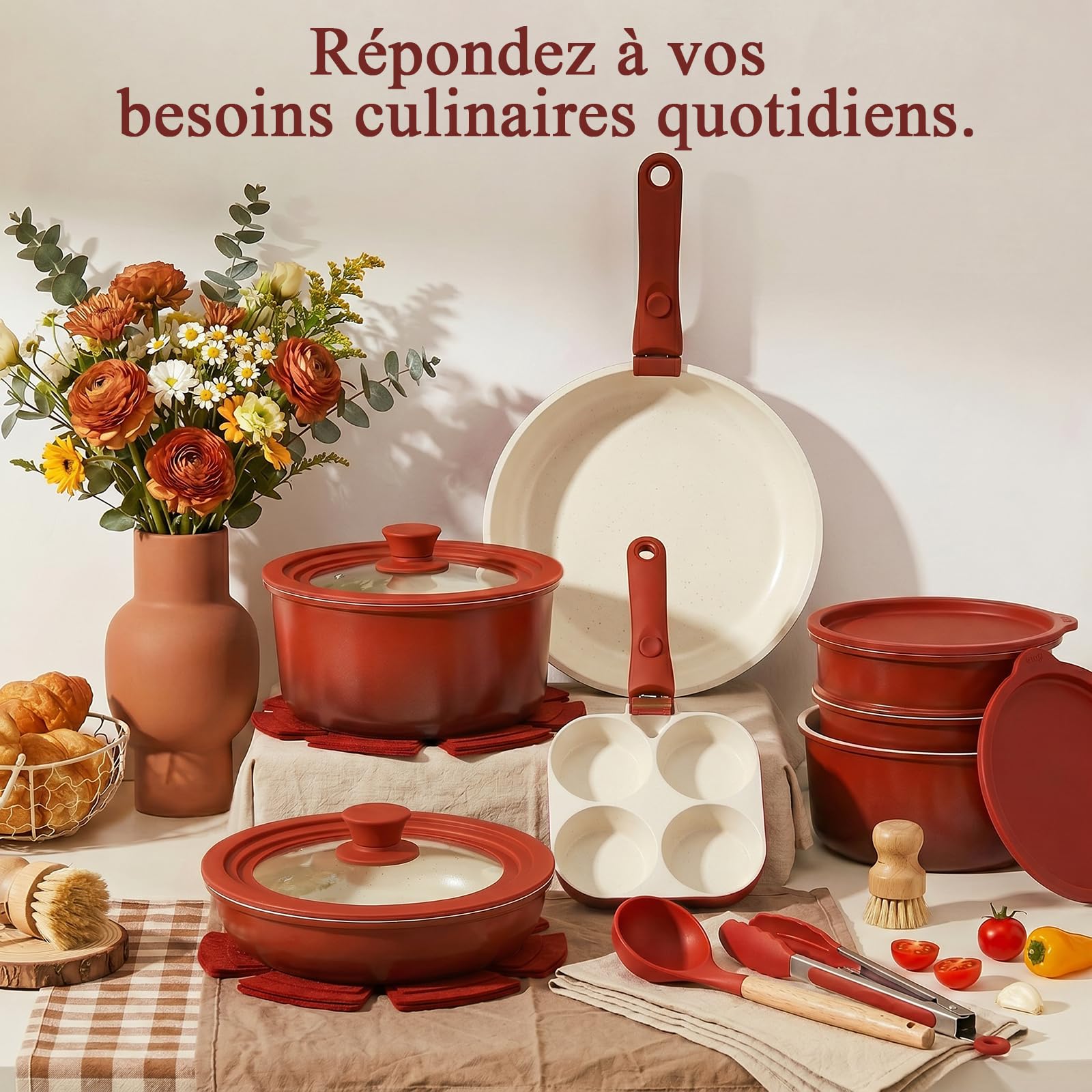GiPP 21 PièCes Batteries Cuisine Antiadhésive Non Toxique, Poignée Amovible | Poele Induction Tout Feux, Robuste et Facile à Nettoyer, Compatible Lave-vaisselle et Fours, Pot de Camping Empilable, Rouge