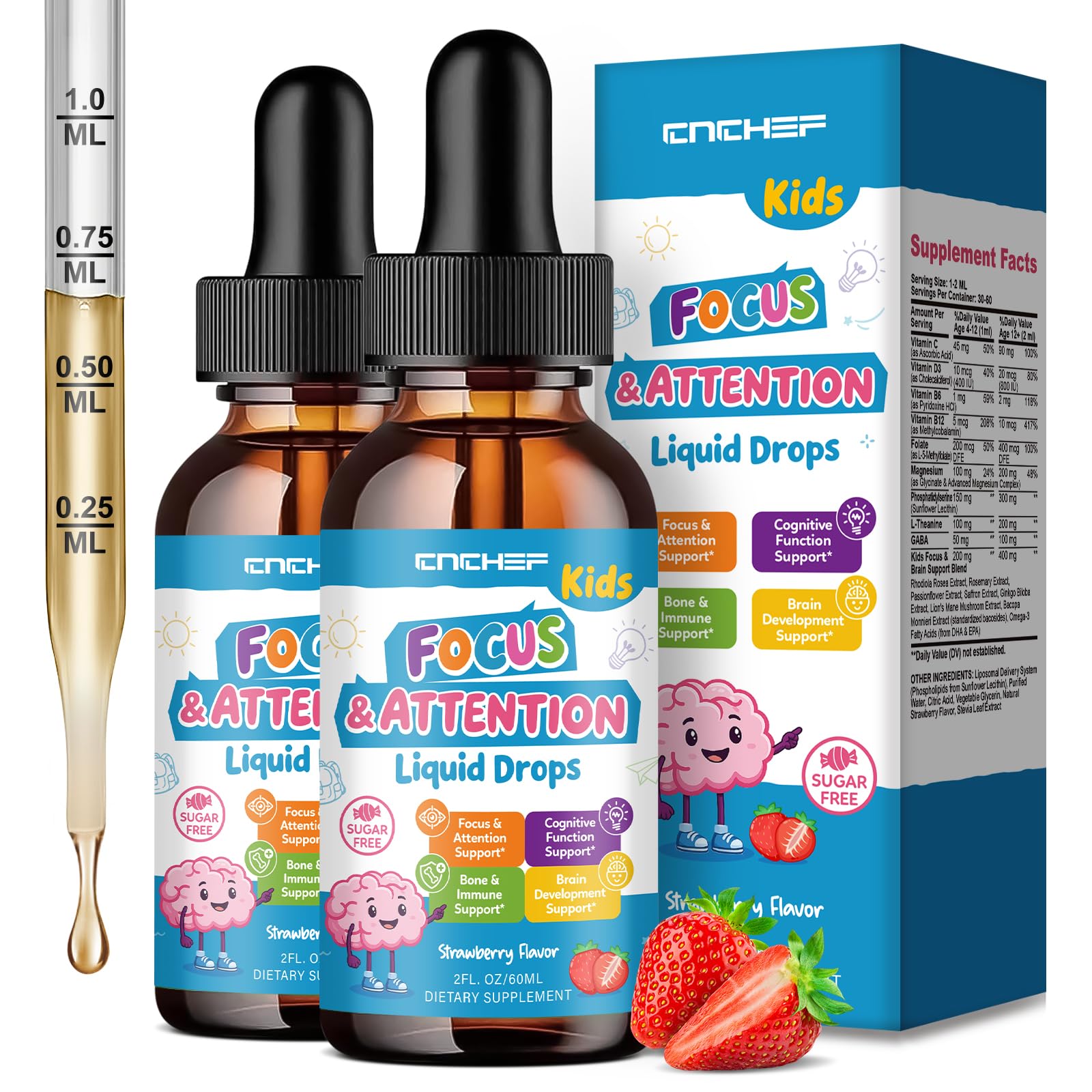 Kids Focus and Attention Supplements with Phosphatidylserine, L-Theanine, Omega-3, Ginkgo Biloba, Kids Multivitamin Liquid Drops, Supports Cognitive, Memory, Calm & Mood, Strawberry, 4 Fl Oz Strawberry 2 Fl Oz (Pack of 2)