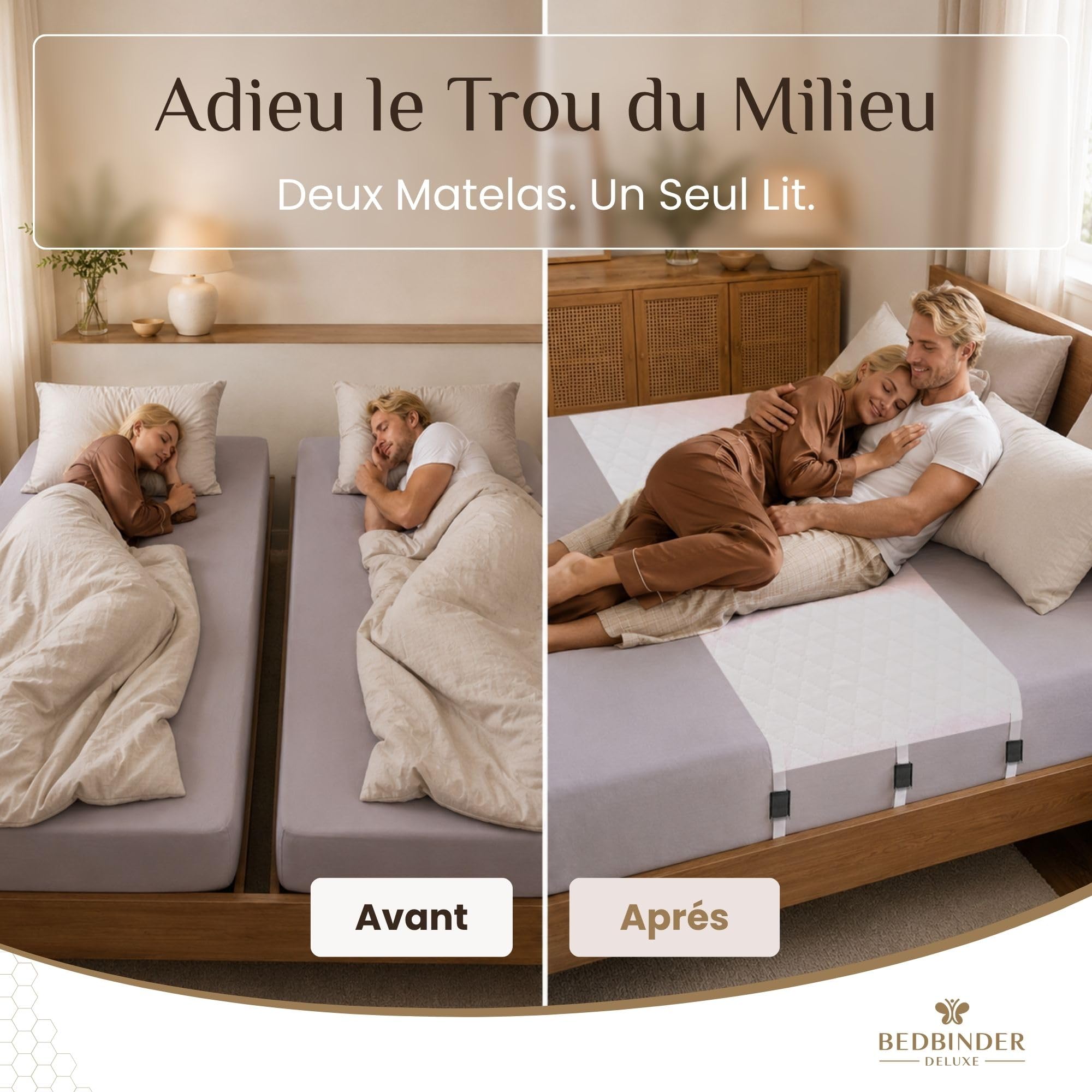 Bedbinder Deluxe Pont de Lit et Sangle Matelas Anti-Glissement pour 2 Lits | Cale Matelas et Connecteur pour Relier Deux Matelas en Un Lit Double, Compatible Lit Électrique Réglable, Sans Trou ni Bosse