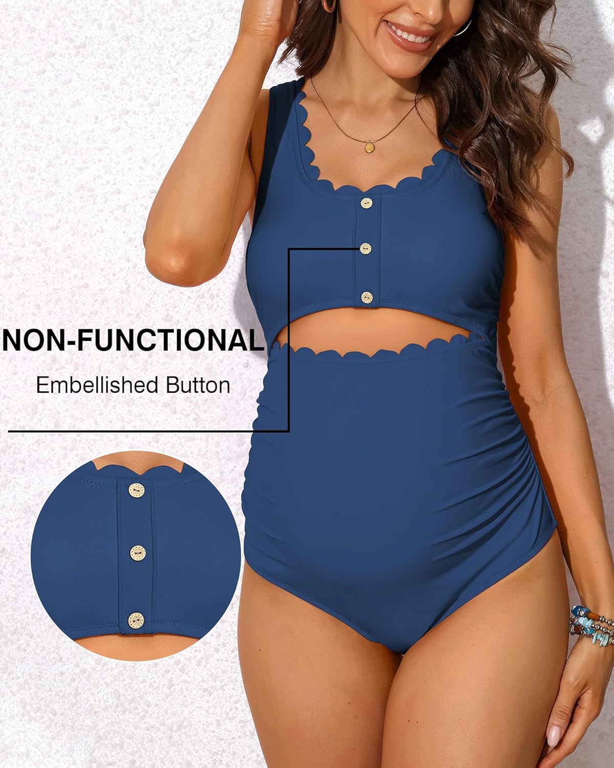 Charmo Maternity One Piece Swimsuit Scalloped Cut Out Ruched High Waisted Scoop Neck Pregnancy Bathing Suit - Image 4