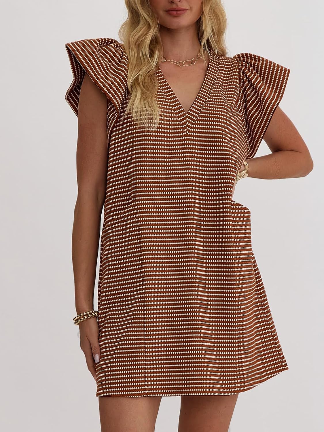 Striped V-Neck Mini Dress for Women Puff Sleeve Casual Dress with Pockets, Comfortable & Stylish for Summer - Image 3