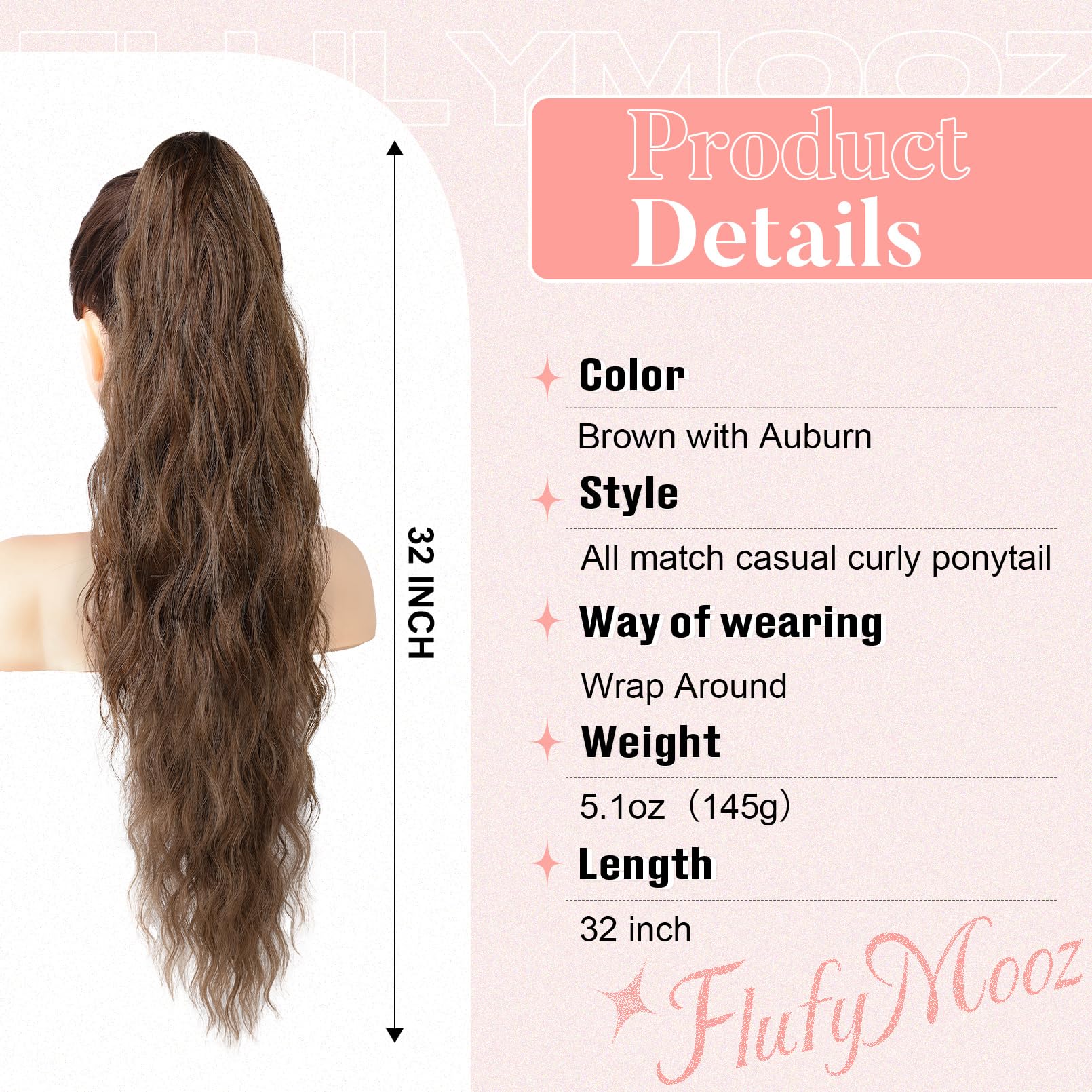 Long Wavy Curly Ponytail Hair Extensions Synthetic 32 Inch Brown Auburn Amazon.com : ShowCoco 32 Inch Flexible Wrap Around Ponytail  main image 4
