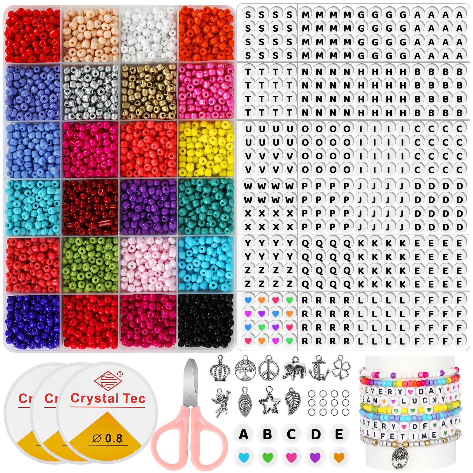 XEOOCE 4mm 24 Colours Beads Bracelet Making Kit, 6000pcs+ Beads for Bracelet Making, Glass Beads with Alphabet Beads and Pendant Charms Kit DIY Arts and Crafts, Gift for Her Women Kid Age 6 7 8 9