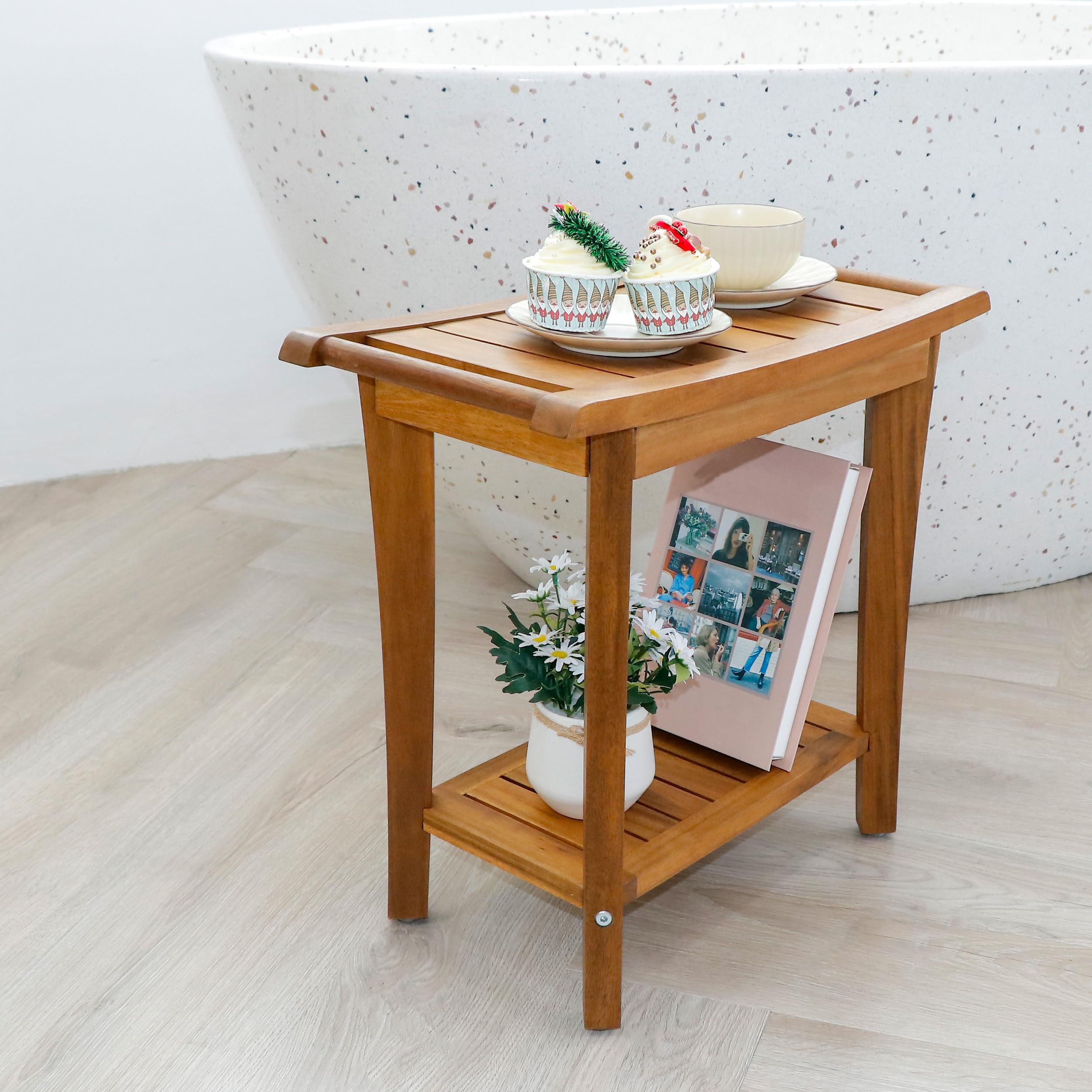 VICTORY RELAX Shower Stool Wood, 2-Tier Wooden Shower Bench for Inside Bathroom Sitting, Heavy Duty Chair with Storage Shelf, Acacia Wood Waterproof - Natural