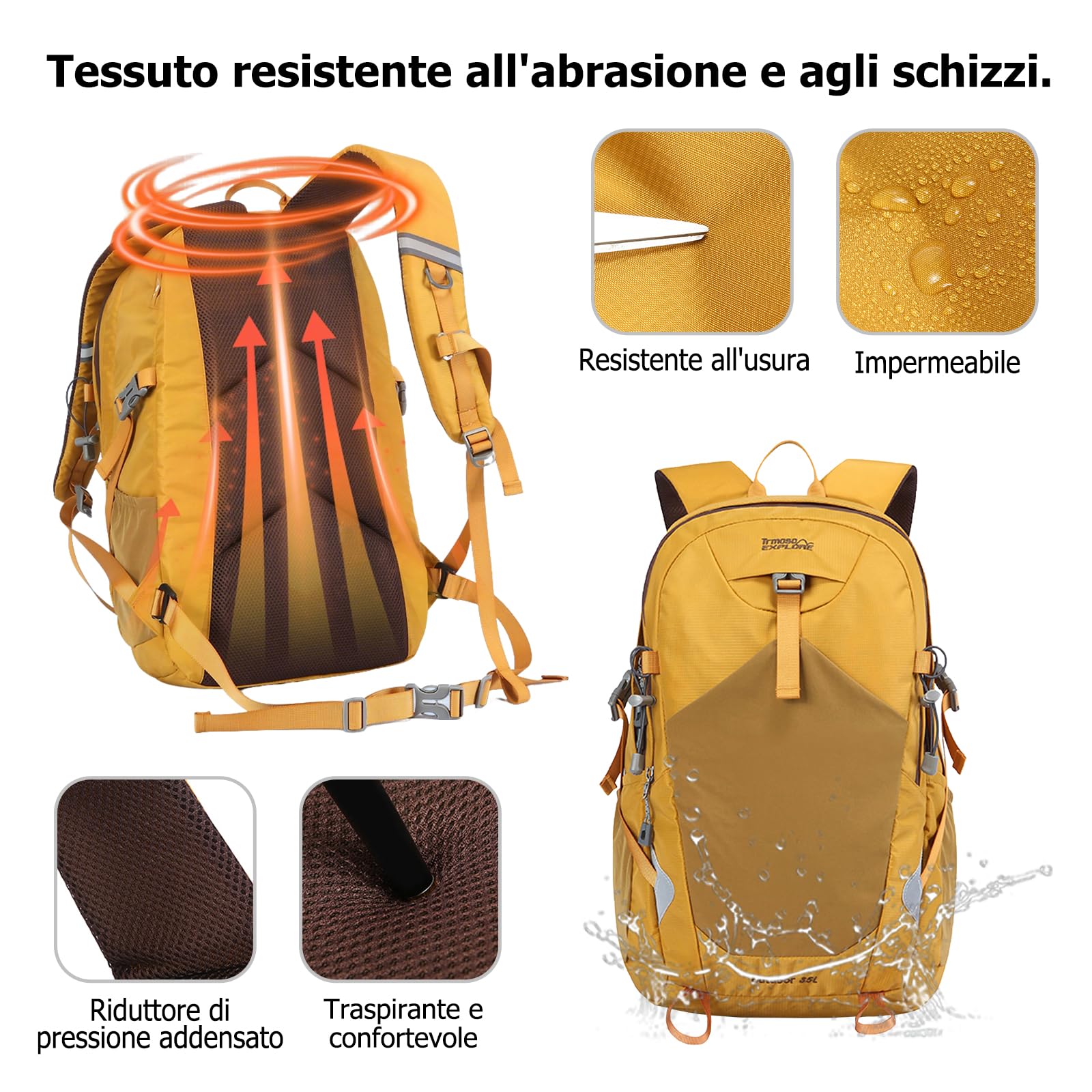 35L Zaino da Trekking Zaino Impermeabile Grande Zaini Leggero con Striscia Riflettente Hiking Nylon Backpack per Donna Uomo Campeggio Arrampicata Viaggio Sport Nero