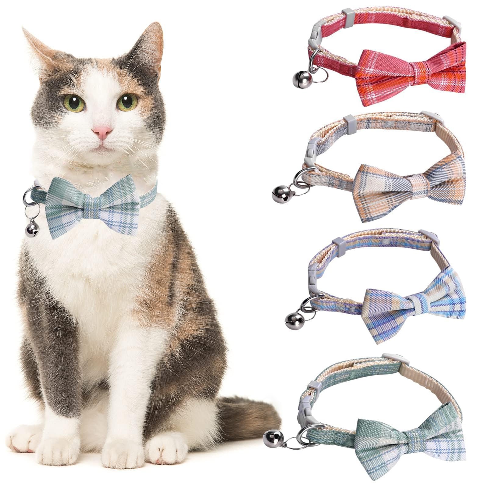4 Pack Cat Collar with Bell and Bow Tie, Soft Cute Plaid Bow Tie Cat Collar, Adjustable Cute Kitty Safety Collars, Personalised Fashion Kitten Pet Collars for Kitten Puppy Cats Pet Party