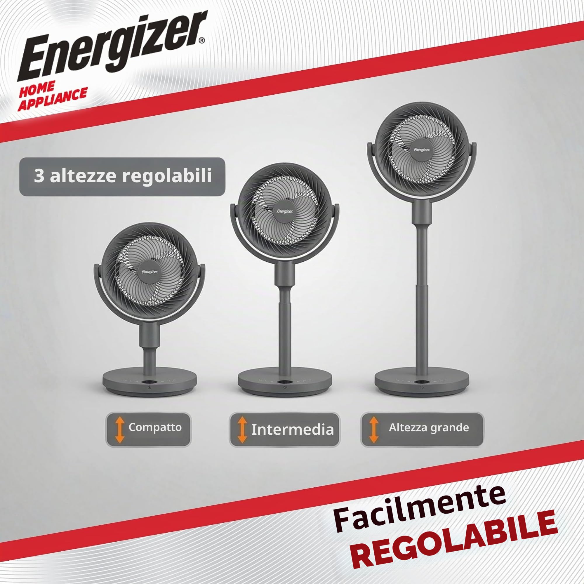 Energizer Ventilatore a Piantana Silenzioso 35 dB, 1017 m³/h, 9 Velocità, Oscillazione 90°, Portatile Ricaricabile 2400 mAh, Altezza 100 cm, Cavo USB Incluso, Per Ufficio e Camera, Grigio
