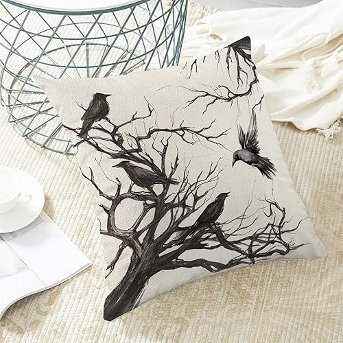 Miniatura 5 de Juego de 2 fundas de almohada de Halloween de 18 x 18 pulgadas 18.0 x 18.0 in., diseño de ramas de cuervos negros, fundas decorativas para cojín de