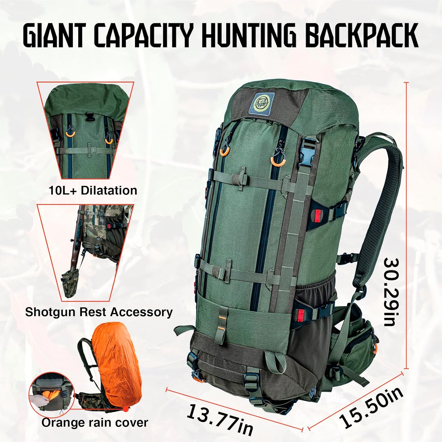 Hunting Pack for Men – Expandable Frame Backpack 40L, Water Resistant, with Meat Hauler, Rifle Holder & Shotgun Rest