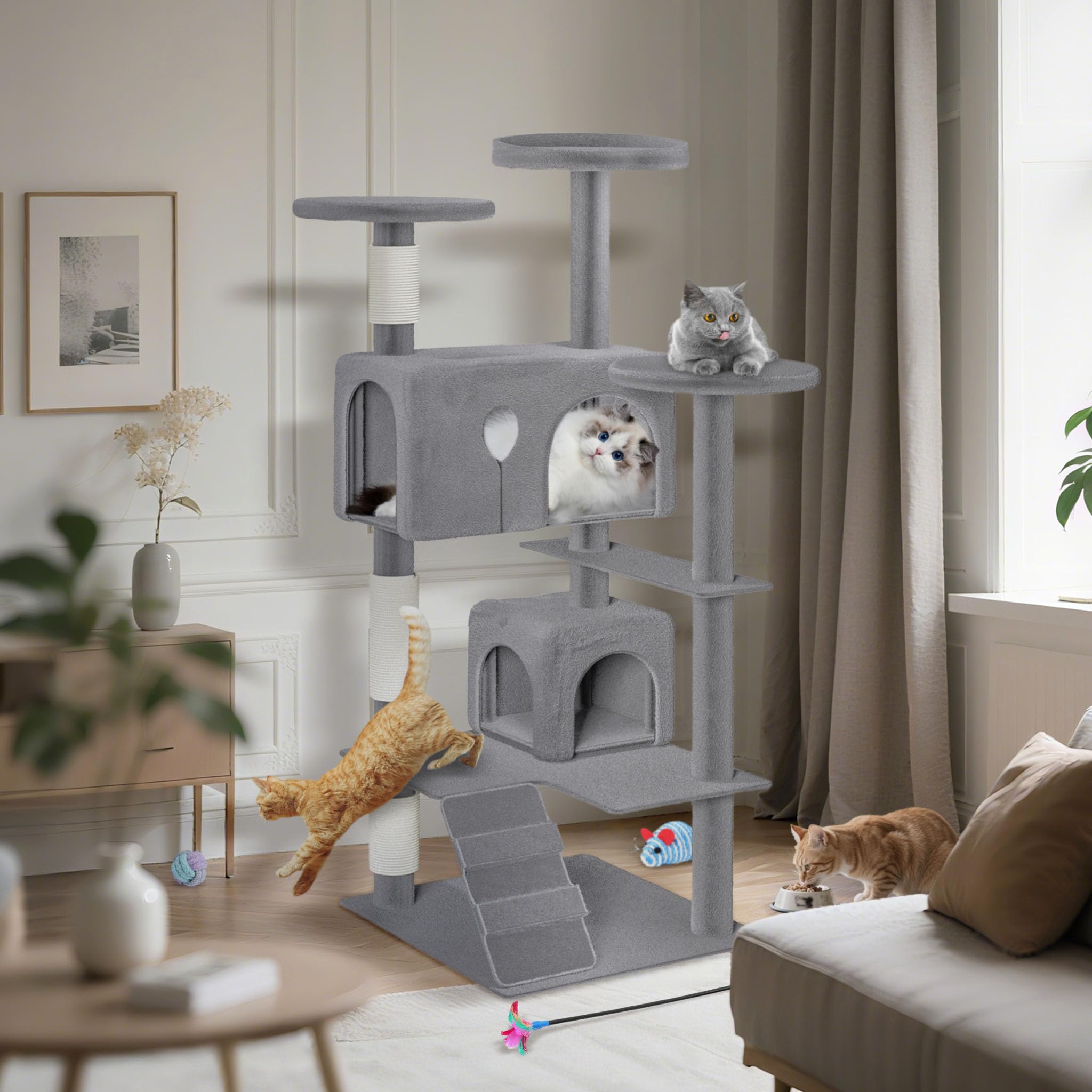 NAIZY Rascador grande para gatos, 49 x 49 x 130 cm, XXL, con columnas de sisal y cueva para gatos, antideslizante, gris K1254