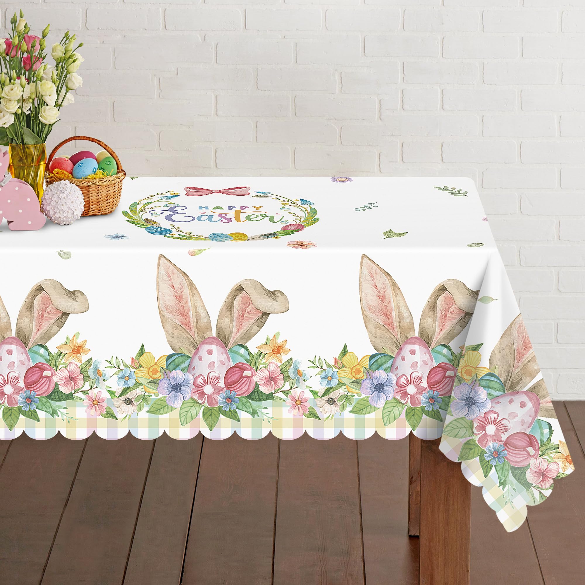 ROVOCLO Easter Tablecloth,60 x 86 Inch Happy Easter Table Cloth,Easter Table Cover, White