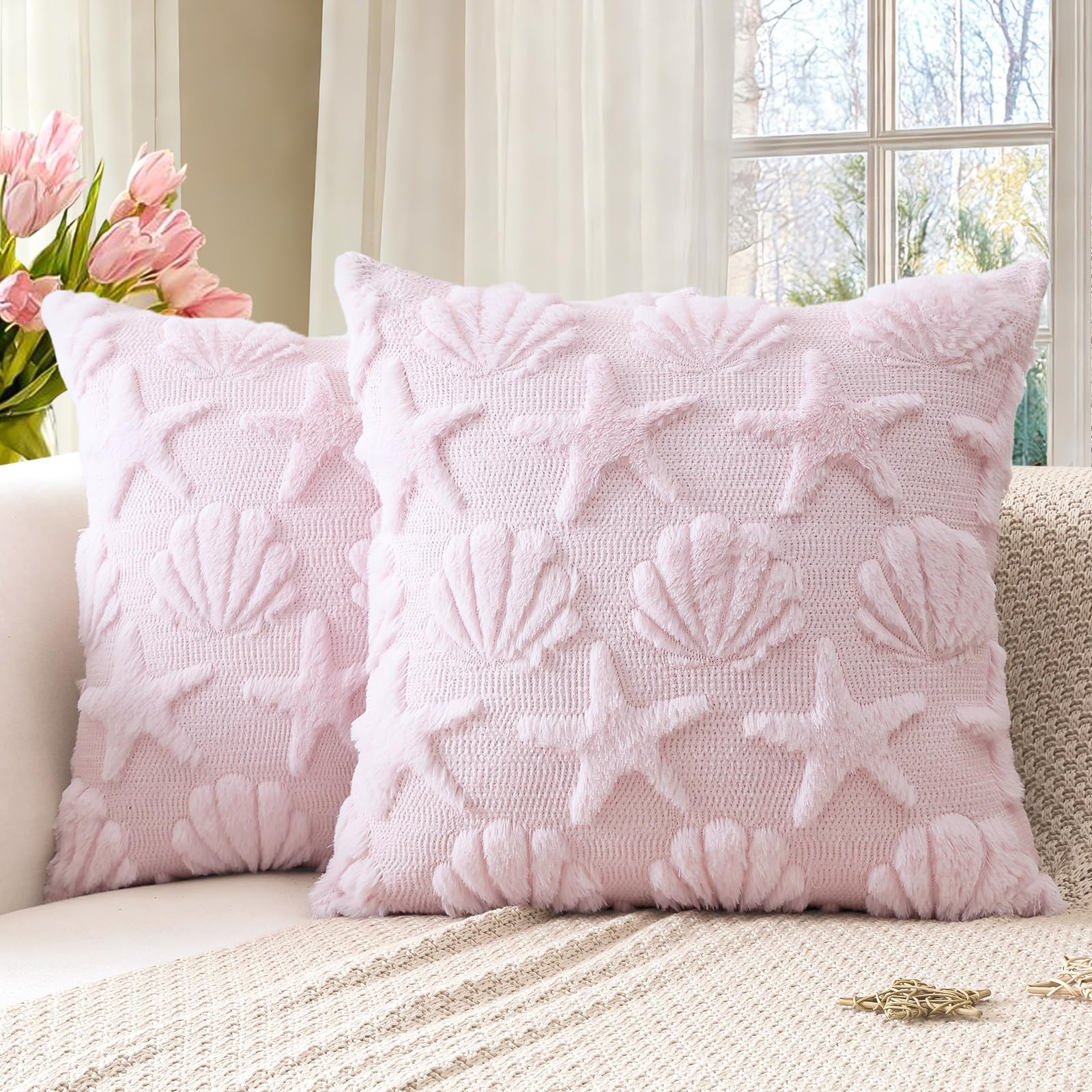 Artscope Shell Starfish Cushion Covers Set of 2 Beach Seaside Throw Pillow Covers for Sofa Square Spring Summer Soft Plush Short Wool Velvet Pillowcase Holiday Decor Pink, 40x40cm