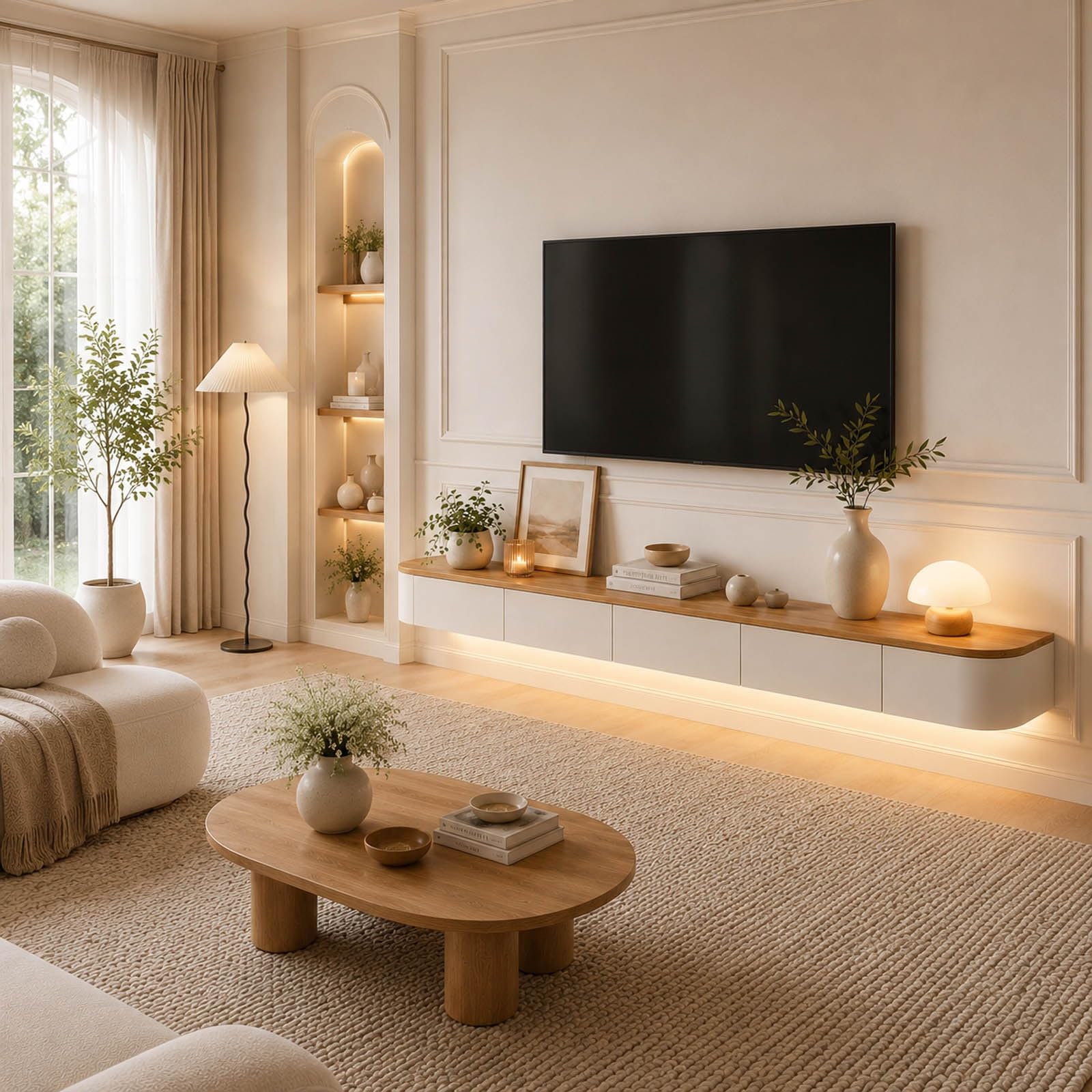 Mobile TV Sospeso Moderna Consolle Multimediale Da Parete Con Cassetti E Ante Ribaltabili, Mobile Porta TV Sospeso Con Passacavi Nascosti Per Salotto Camera Ingresso Studio(Wooden white,94.5in/2.4m)