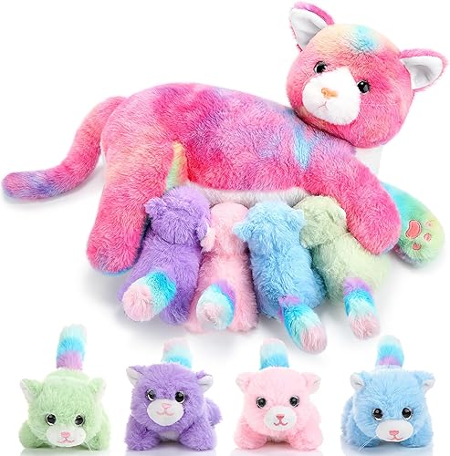 Skylety Animal de peluche Nurturing con 4 gatitos de peluche, gato de peluche para niñas y niños, mamá gatita de peluche con gatitos para regalos de
