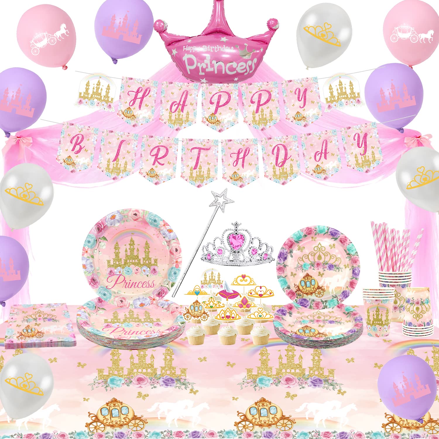 Princess Party Tableware Supplies, Includes Happy Birthday Backdrop Banner, Plate, Balloons, Napkins, Tablecloth, for Girls Princess Birthday Baby Shower Party Decorations Serve 20 Guests (Set B)