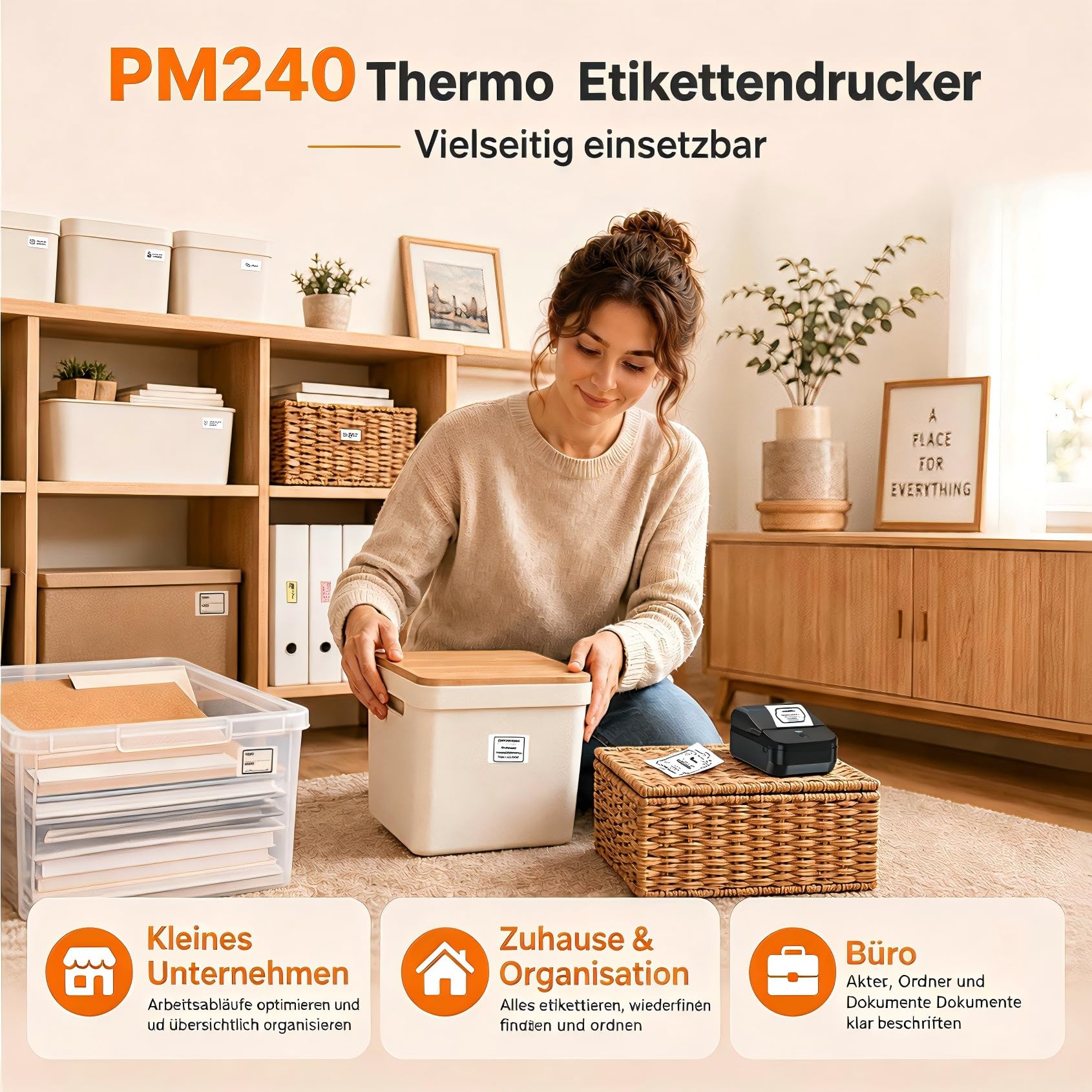 PM240 Bluetooth Etikettendrucker,Label Printer mit 3 Rollen,Schwarz