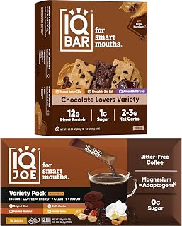 IQBAR Brain and Body Plant Protein Bars - Chocolate Lovers Variety - 12-Count Low Carb & IQJOE Mushroom Instant Coffee - 4-in-1 Formula for Focus, Clarity, Mood, and Energy - 16 Count Variety Pack