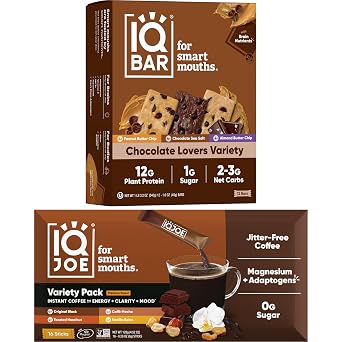 IQBAR Brain and Body Plant Protein Bars - Chocolate Lovers Variety - 12-Count Low Carb & IQJOE Mushroom Instant Coffee - 4-in-1 Formula for Focus, Clarity, Mood, and Energy - 16 Count Variety Pack