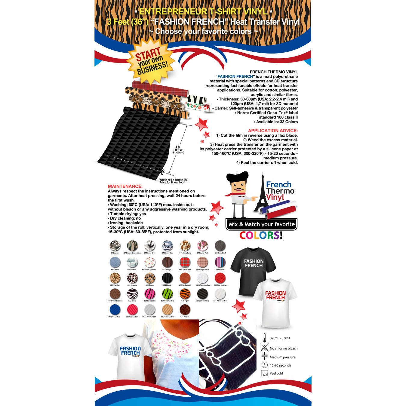 GERCUTTER Store - Entrepreneur T-Shirt Vinyl: 3 feet (36") French Thermo Vinyl “Fashion French” (Heat Transfer Vinyl) - Color: Silver Carbon - Choose Your Favorite Colors