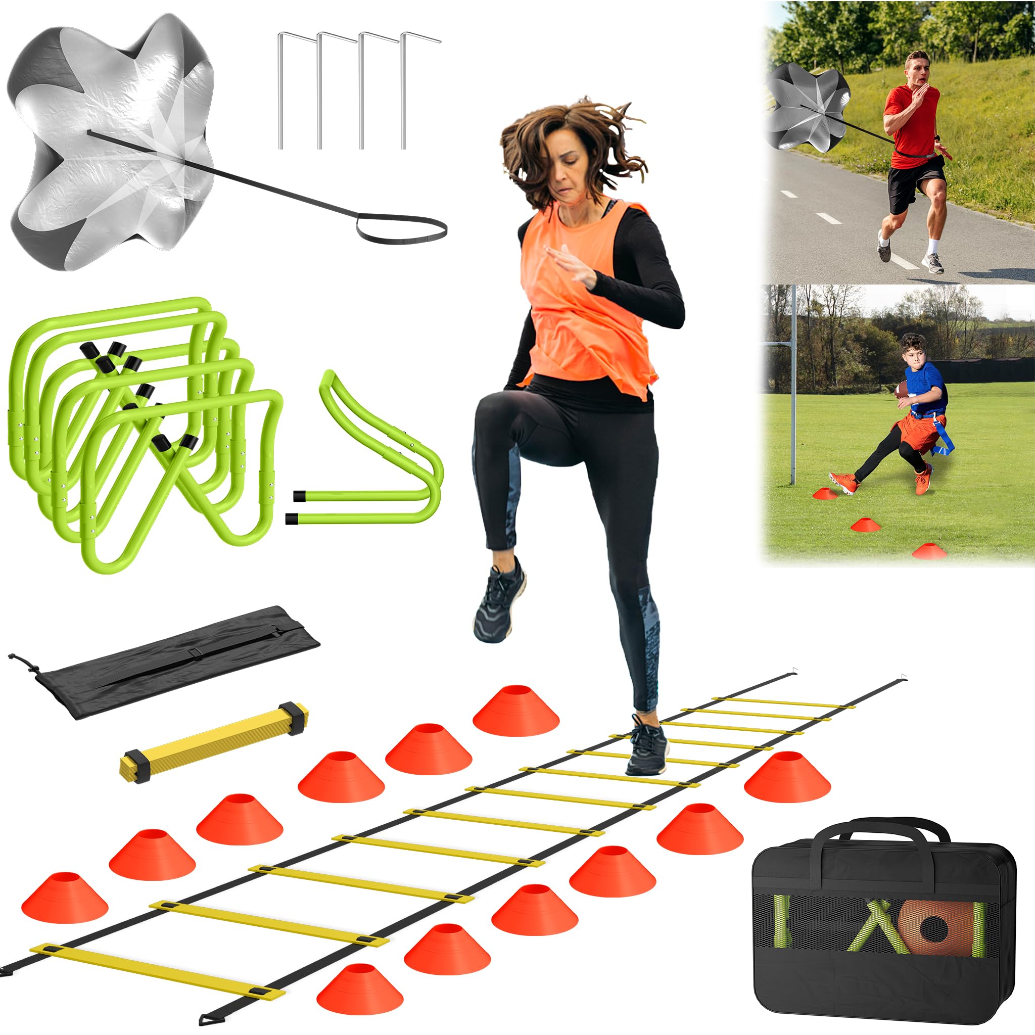 YUENFONG Fußball Trainingsset – Mit Koordinationsleiter, Hürden, Hütchen & Widerstandsfallschirm