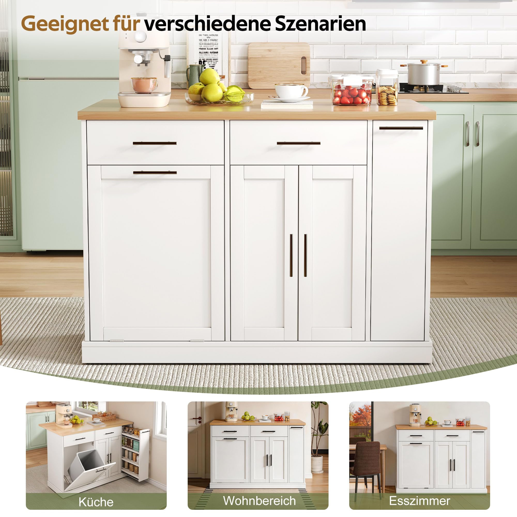 Merax Kücheninsel Freistehend mit Mülleimer, Küchenwagen mit Rollen, Küchenschrank mit Klappbarer Arbeitsplatte, 4 Gewürzregal, 2 Schubladen, Mülleimer Schrank für Küche, 120x70x93,5cm, Weiß