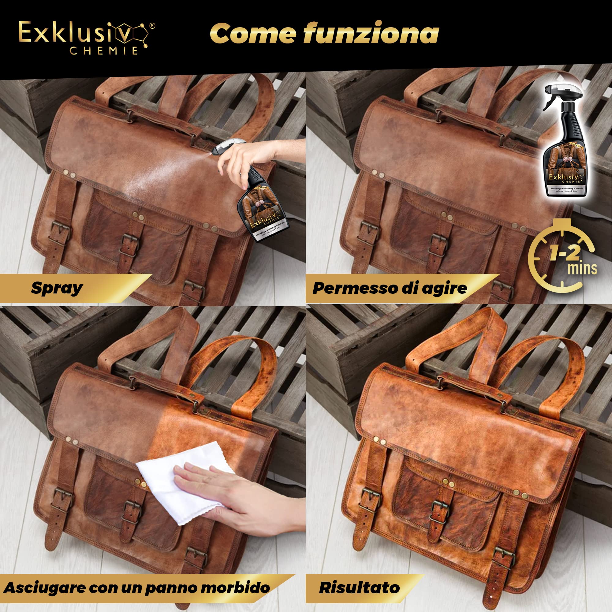 Exklusiv Chemie® Cura della pelle Cura della pelle Abbigliamento e scarpe | Cura della pelle per vestiti e scarpe di pelle | Spray per la cura della pelle | Pulitore per pelle | 500 ml | Per giacche in pelle, scarpe in pelle e borse in pelle