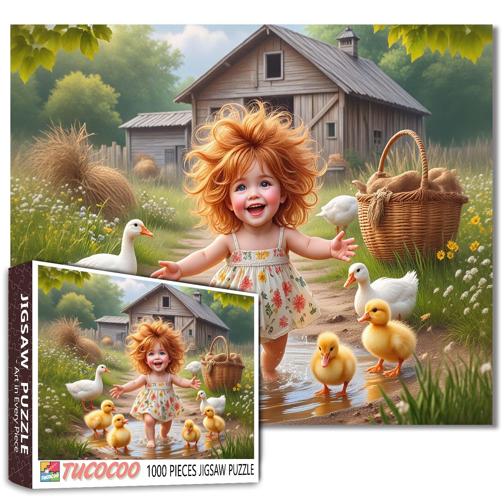 Tucocoo Puzzle de 1000 pièces pour adultes – Scène de ferme fantaisiste Cottagecore avec petite fille, canetons – Grange rustique – Relaxation et bricolage