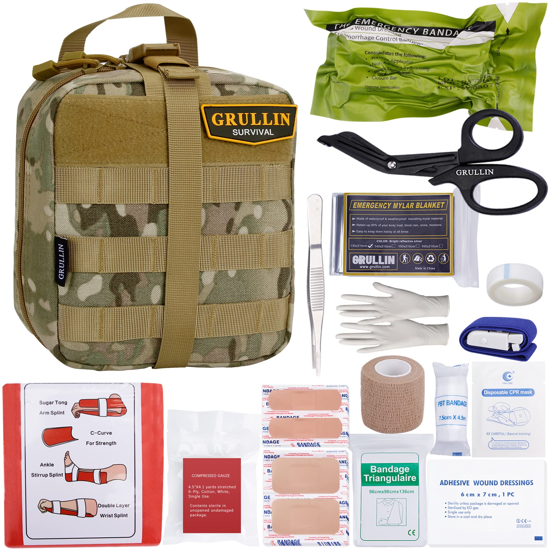GRULLIN IFAK Trauma Kit, MOLLE Emergency First Aid Kit, Outdoor Field Dressing EMT Bag for Adventure, Hunting, Camping, Hiking, Travel and Accident (CP Camo)