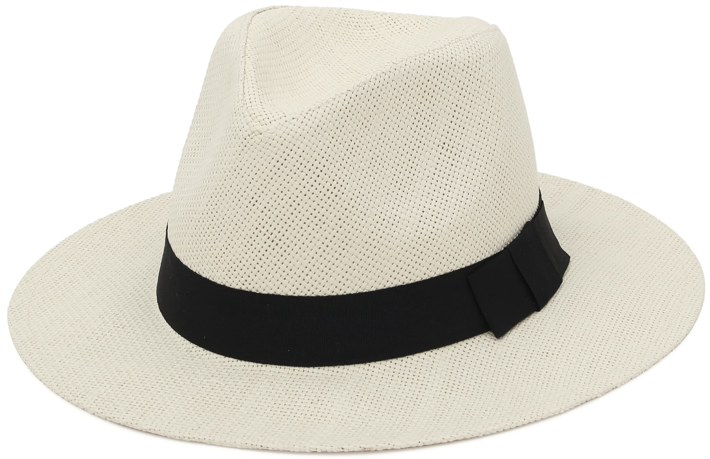 GEMVIESummer Straw Panama Hat Wide Brim Fedora Sun Hat Beach Panama Straw Cap for Men Womens Beige