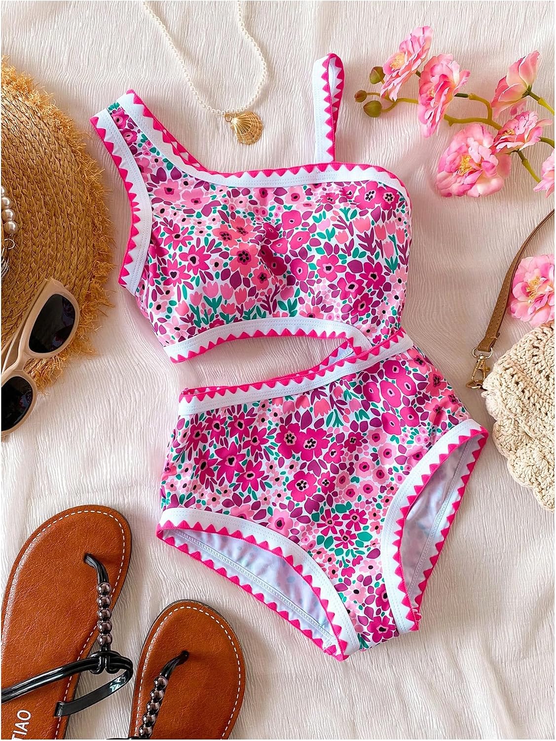 Floerns Girl's Summer One Piece Swimsuit Floral Cut Out Asymmetrical Neck Monokini Swimwear