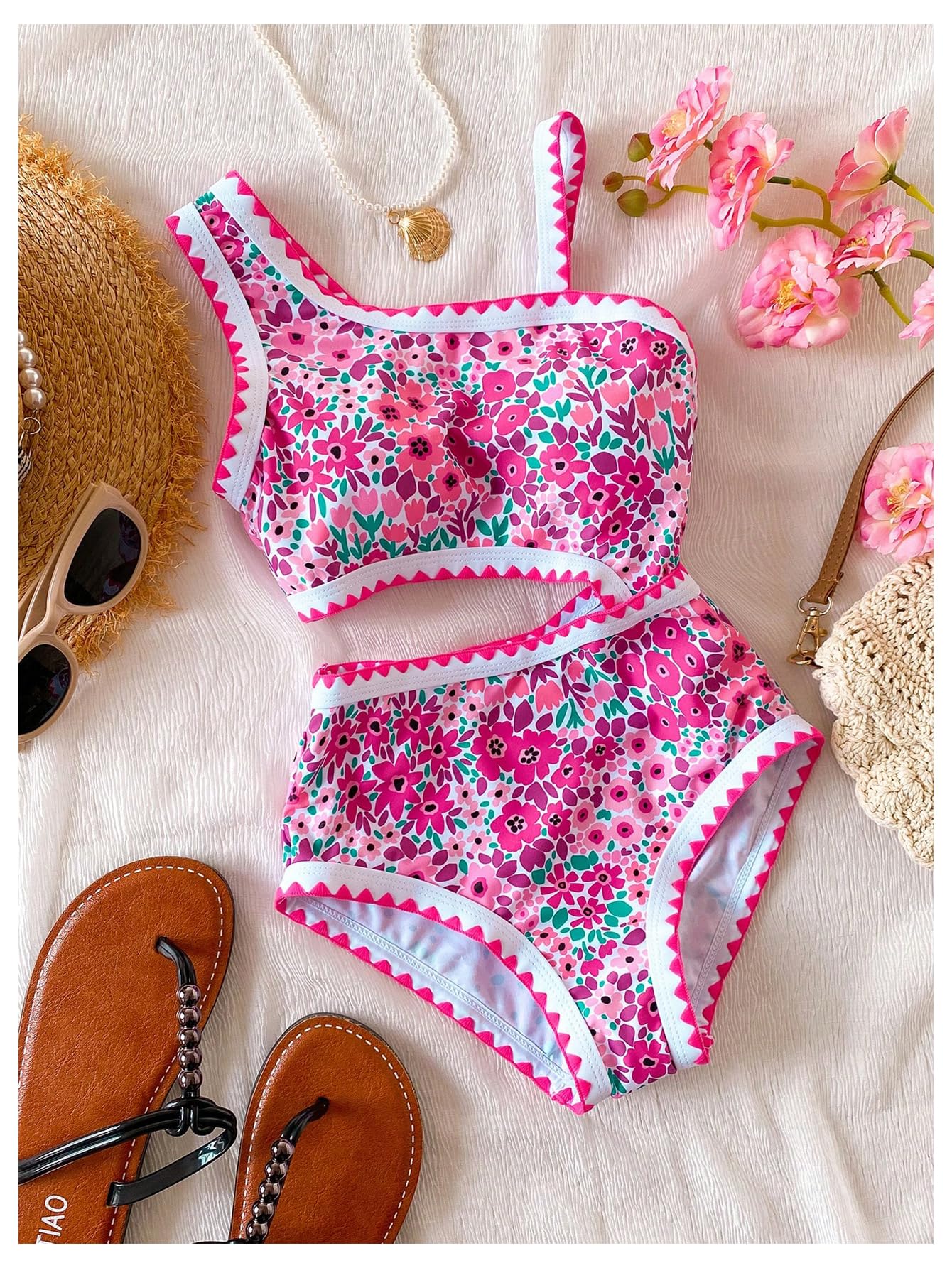 Floerns Einteiliger Badeanzug für Mädchen, Sommer, Blumenausschnitt, asymmetrischer Ausschnitt, Monokini