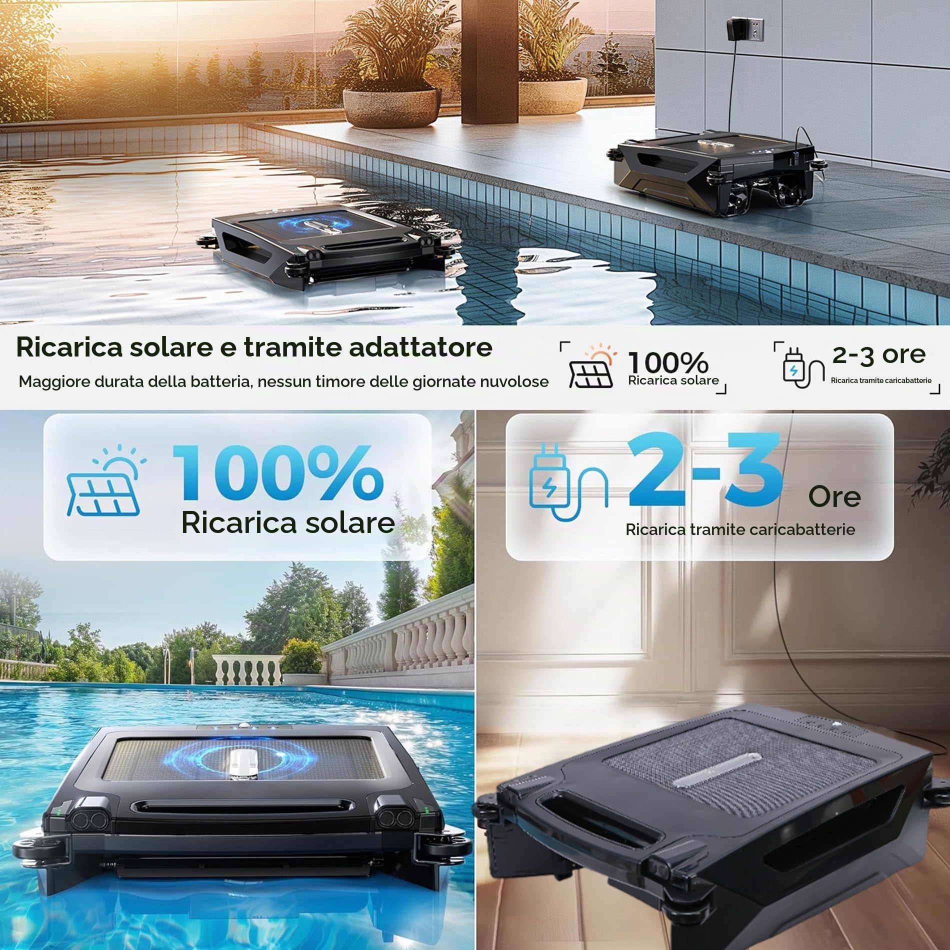 Skimmer automatizzato per piscina, robot per piscina con cestello per skimmer, alimentazione a batteria e ad energia solare, 5-10 m/minuto, capacità di filtraggio 80 ㎡ Pulizia doppia modalità