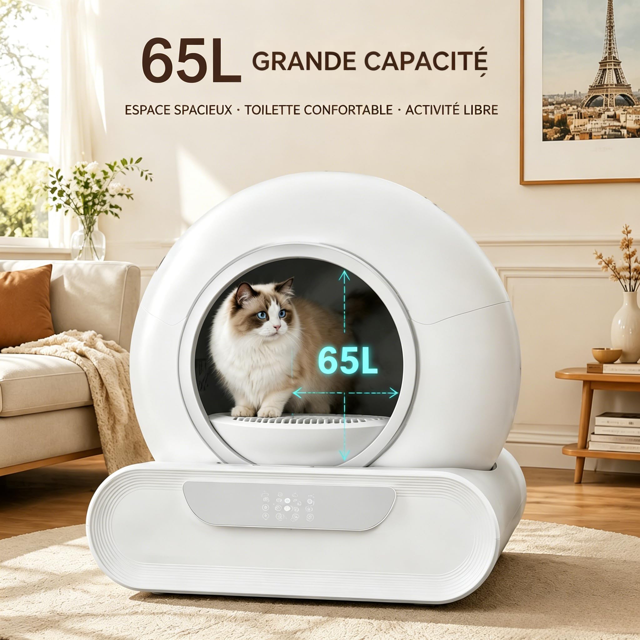 Litière Automatique Autonettoyante 74L pour Chat, Contrôle Via APP, Anti-Pincement, Désodorisation Ionique, avec Tapis et 5 Rouleaux de Sacs, Grande Capacité pour Plusieurs Chats