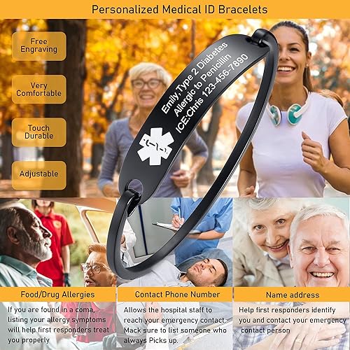 Miniatura 39 de VNOX Pulsera médica de acero inoxidable para mujer, pulsera de identificación de alerta médica de emergencia de acero inoxidable, grabado gratuito