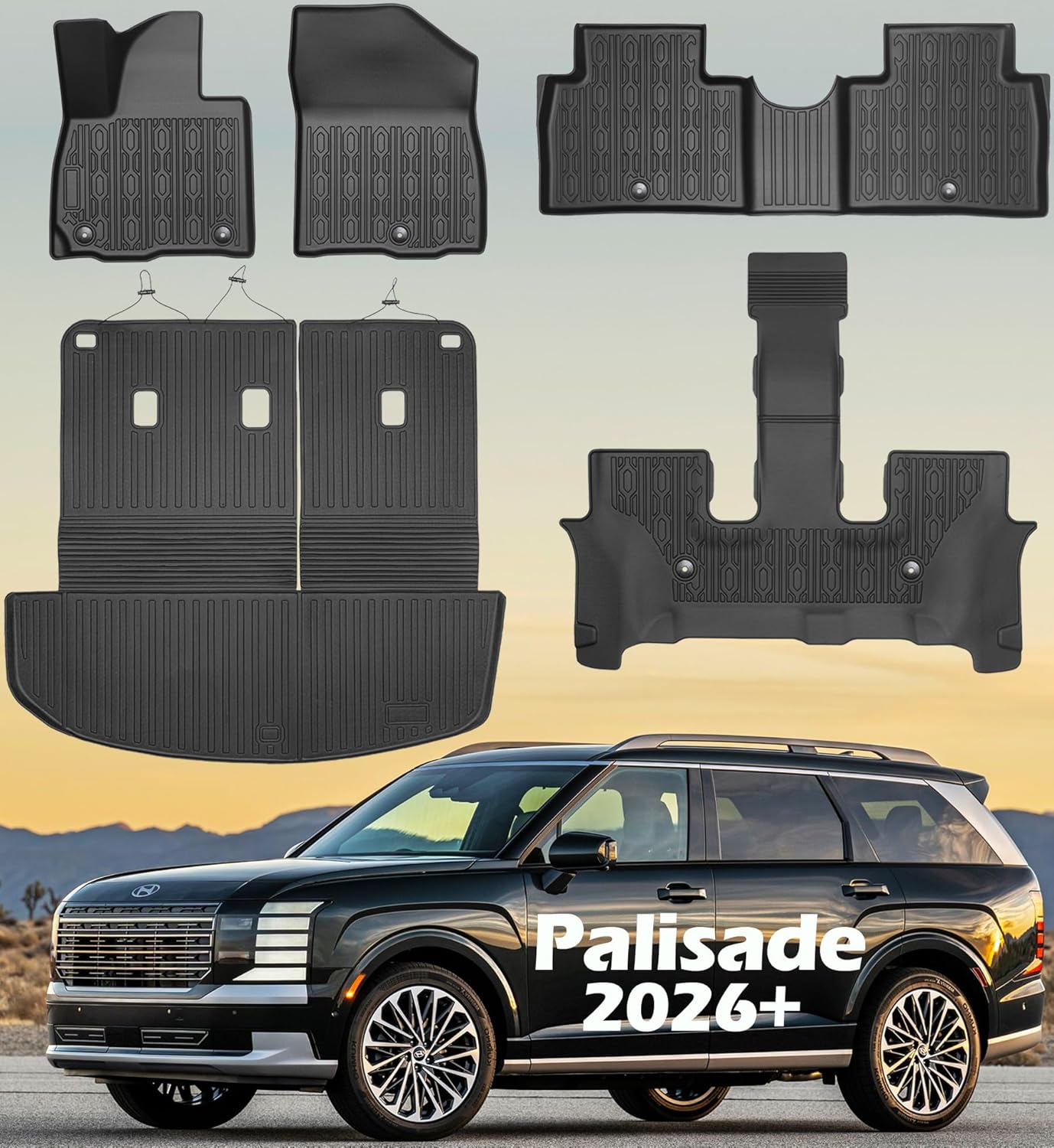 Floor Mats for 2026 Hyundai Palisade 7 Seats (Only Gas) All Weather TPE Full Set Custom Fit Cargo Liners with 3rd Seat Back Odorless Anti Slip Trunk Protector for Hyundai Palisade Accessories