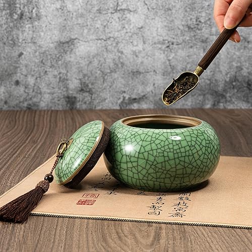Miniatura 9 de SILINE Longquan Celadon - Tarro de almacenamiento de té suelto, recipiente hermético de porcelana verde de 20 onzas, horno GE, forrado rosa cian