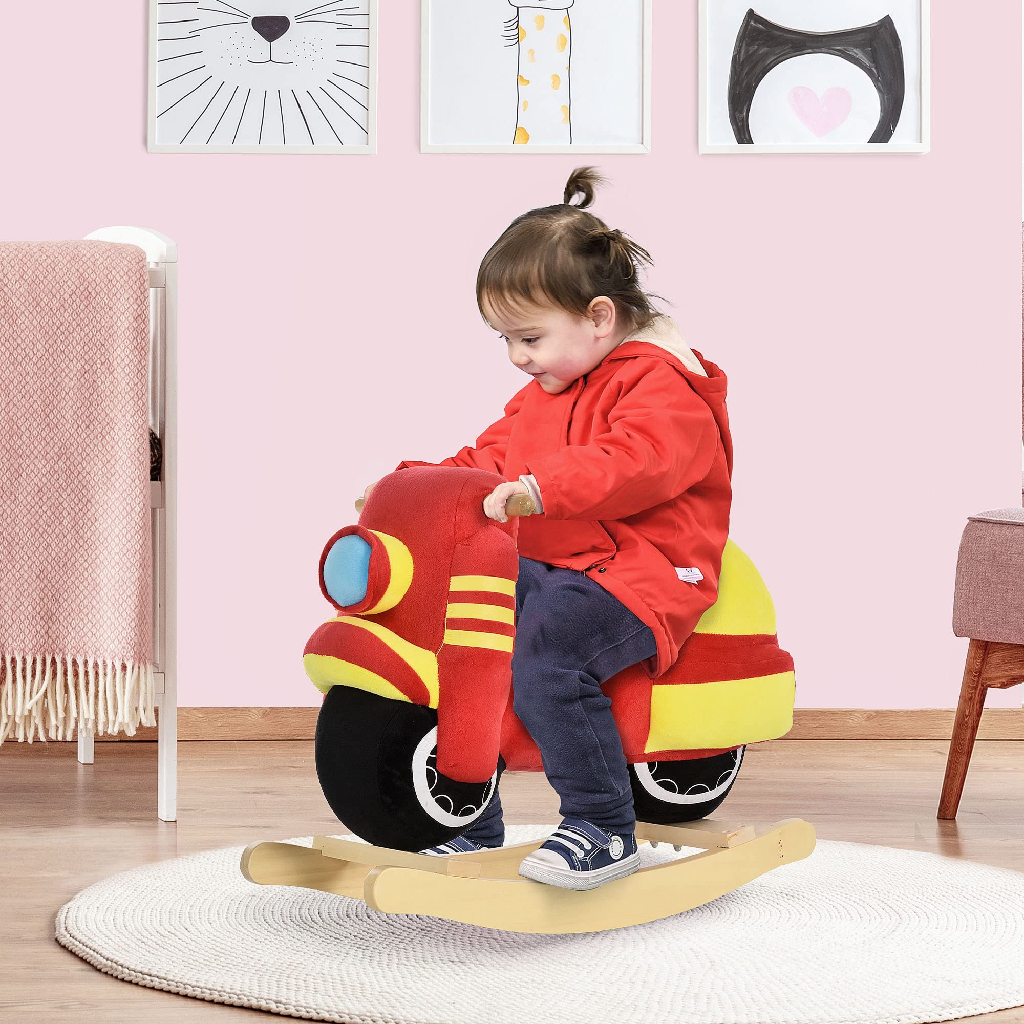 HOMCOM Cavallo a Dondolo per Bambini 18-36 Mesi a Forma di Moto, Cavallo per Bambini Cavalcabile in Legno e Peluche, Suoni Realistici, Max. 40kg, Rosso e Giallo
