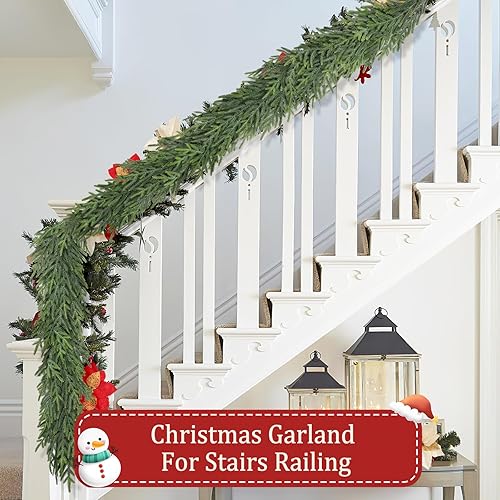 Miniatura 5 de Guirnalda de pino de Navidad de 9 pies, guirnalda verde de tacto real, guirnaldas de cedro artificiales realistas para chimenea, escalera, mesa,