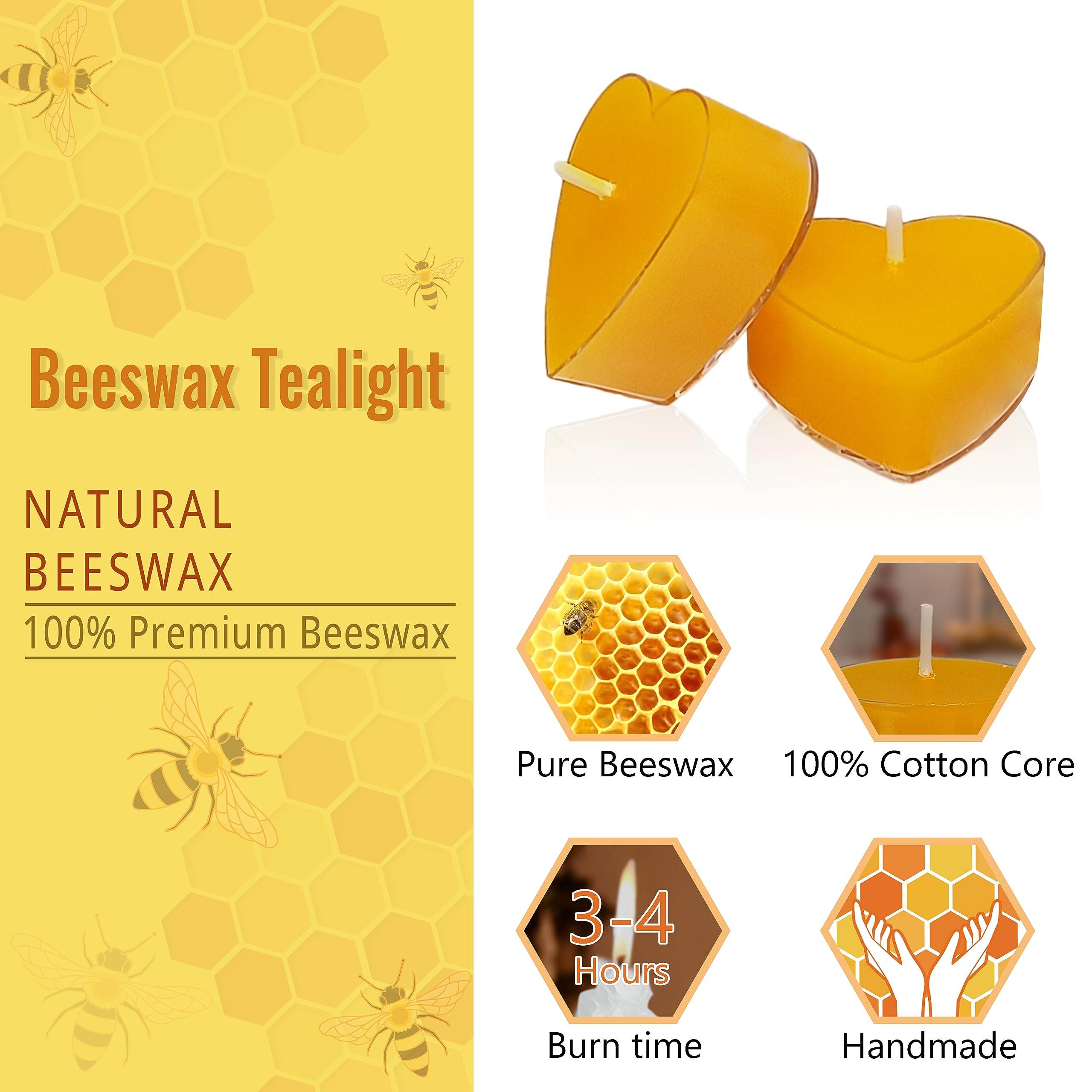 24pcs Heart-Shaped Tea Light Candles Natural Beeswax Tealight Candles Unscented Pure Beeswax Tea Lights 4 Hour Burn Time Smokeless Handmade Decorative Perfect for Spa Home Decor