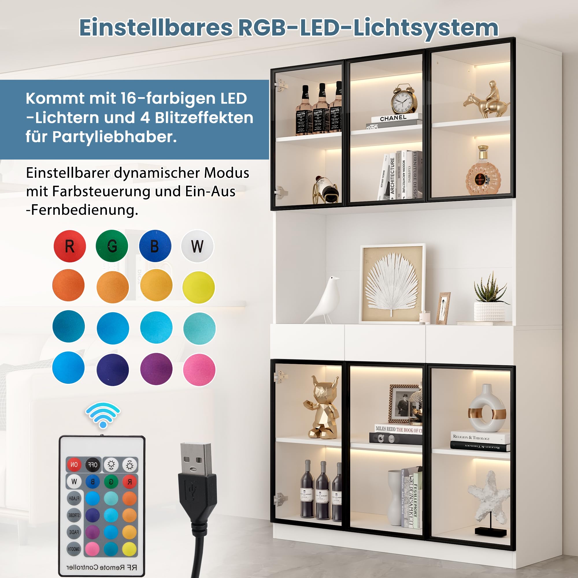 Dolamaní Vitrinenschrank mit LED Beleuchtung, 36x120x200 cm, Vitrine mit 6 Glastüren und Arbeitsplatte, Glasschrank für Wohnzimmer (Weiß A)