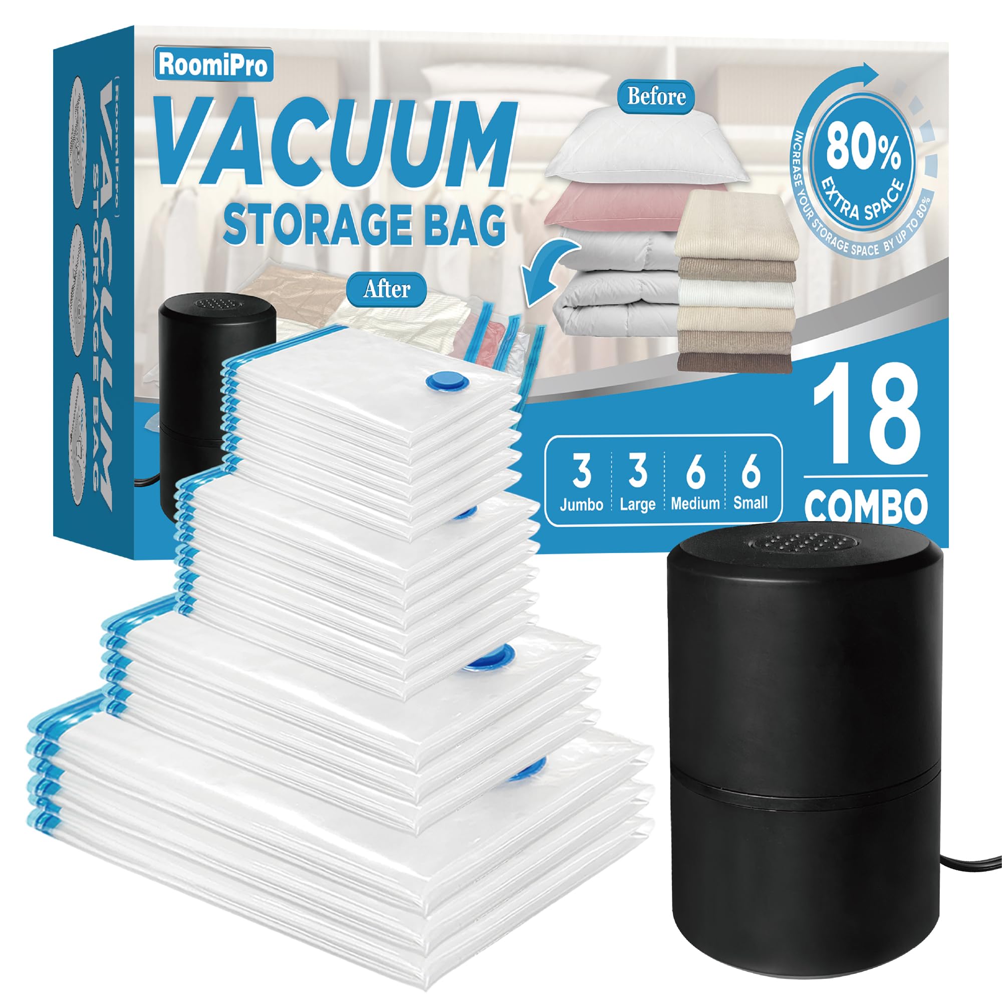 Vacuum Storage Bags with Electric Pump, 18 Pack (3 Jumbo/3 Large/6 Medium/6 Small), Space Saver Bags with Pump, Storage Vacuum Sealed Bags for Clothes, Comforters, Blankets, Bedding